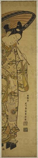 Youth Carrying a Lantern and an Umbrella, 1740s, Ishikawa Toyonobu, Japanese, 1711-1785, Japan, Hand-colored woodblock print, hashira-e, beni-e