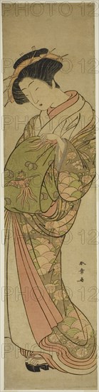 A Courtesean of the Matsubaya House, mid–late 1770s, Katsukawa Shunsho ?? ??, Japanese, 1726-1792, Japan, Color woodblock print, wide hashira-e, 26 3/8 x 6 5/16 in.