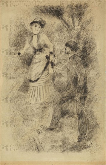 The Descent from the Summit: Jean Martin Steadies Hélène, the Banker’s Daughter (recto), Half-Length Sketch of a Woman (verso), 1881, Pierre Auguste Renoir, French, 1841-1919, France, Black chalk (recto and verso) on cream laid paper (discolored to tan), 492 × 319 mm