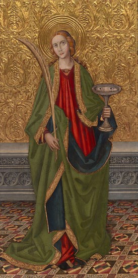 Saint Lucy, About 1500, Vergós Workshop, Spanish, documented 1439–1503, Spain, Oil and gold on panel, Panel: 175.8 × 93.7 cm (69 1/4 × 36 7/8 in.), Painted Surface: 168.6 × 84.6 cm (65 7/8 × 33 3/8 in.)