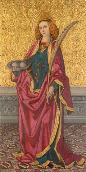 Saint Agatha, About 1500, Vergós workshop, Spanish, documented 1439–1503, Spain, Oil and gold on panel, Panel: 175.8 × 93.3 cm (69 1/4 × 36 3/4 in.), Painted Surface: 167 × 84.5 cm (65 3/4 × 33 1/4 in.)