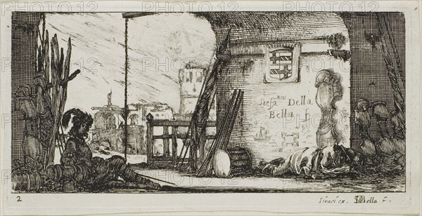 Plate Two from Drawings of Several Movements by Soldiers, 1644, Stefano della Bella, Italian, 1610-1664, Italy, Etching on ivory laid paper, 56 x 122 mm (image), 62 x 126 mm (plate), 66 x 130 mm (sheet)
