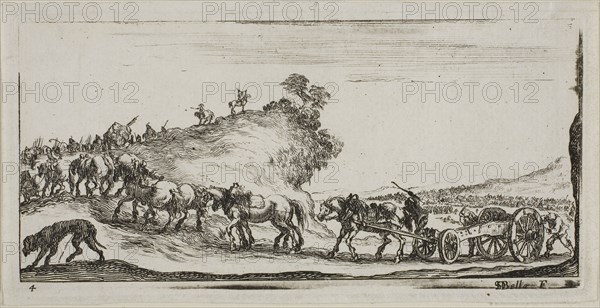 Plate Four from Drawings of Several Movements by Soldiers, 1644, Stefano della Bella, Italian, 1610-1664, Italy, Etching on ivory laid paper, 59 x 122 mm (image), 62 x 126 mm (plate), 66 x 130 mm (sheet)