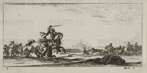 Plate Six from Drawings of Several Movements by Soldiers, 1644, Stefano della Bella, Italian, 1610-1664, Italy, Etching on ivory laid paper, 56 x 122 mm (image), 61 x 125 mm (plate), 64 x 129 mm (sheet)