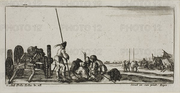 Plate Nine from Drawings of Several Movements by Soldiers, 1644, Stefano della Bella, Italian, 1610-1664, Italy, Etching on ivory laid paper, 56 x 123 mm (image), 61 x 125 mm (plate), 67 x 132 mm (sheet)