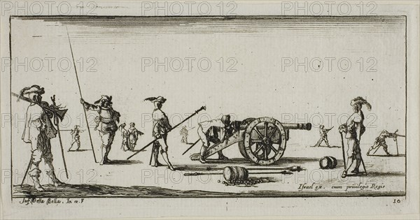Plate Ten from Drawings of Several Movements by Soldiers, 1644, Stefano della Bella, Italian, 1610-1664, Italy, Etching on ivory laid paper, 56 x 123 mm (image), 60 x 125 mm (plate), 68 x 129 mm (sheet)