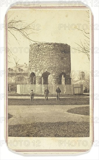 Untitled (stone turret with boys), n.d., Joshua Appleby Williams, American, active 1850–1880s, United States, Albumen print, 8.5 x 5.5 cm (image), 10 x 6 cm (card)