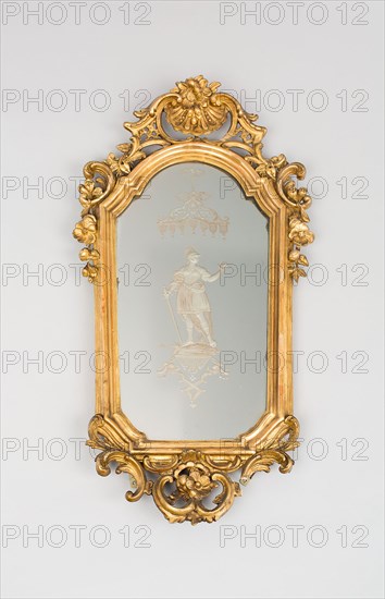 Mirror, Mid 18th century, Venice, Italy, Venice, Gilded wood, engraved mirror glass, 81.3 x 40.6 cm (32 x 16 in.)