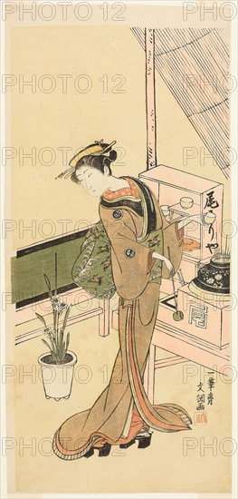 Waitress at the Owariya Teahouse, c. 1768, Ippitsusai Buncho, Japanese, active c. 1755-90, Japan, Color woodblock print, hosoban, 32.7 x 15.5 cm (12 7/8 x 6 1/8 in.)