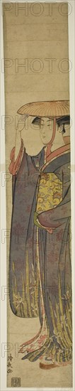 Young Woman Wearing a Hat, c. 1782, Torii Kiyonaga, Japanese, 1752-1815, Japan, Color woodblock print, hashira-e, 67.8 x 11.5 cm