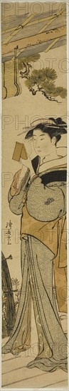 Geisha Applying Makeup, c. 1781, Torii Kiyonaga, Japanese, 1752-1815, Japan, Color woodblock print, hashira-e, 68.7 x 11.5 cm