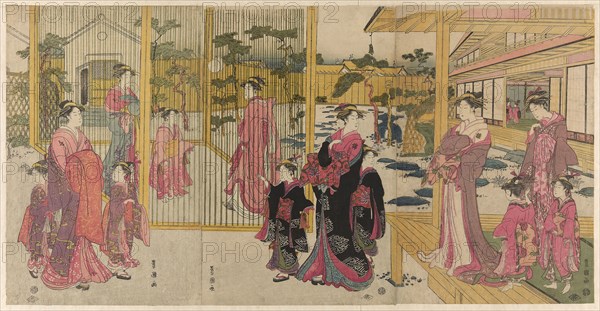 Courtesans of the Chojiya and their attendants playing kemari, c. 1791/93, Utagawa Toyokuni I ?? ?? ??, Japanese, 1769–1825, Japan, Color woodblock print, oban triptych
