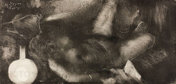 Woman Reclining on Her Bed, c. 1885, Edgar Degas, French, 1834-1917, France, Monotype in black ink on ivory laid paper, 199 × 415 mm (image/plate), 222 × 419 mm (sheet)