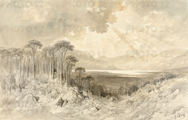 Scottish Landscape, 1873, Gustave Doré, French, 1832-1883, France, Black crayon and brush and brown and gray wash, with touches of pen and black ink, on cream laid paper, laid down on cream board, 281 × 440 mm