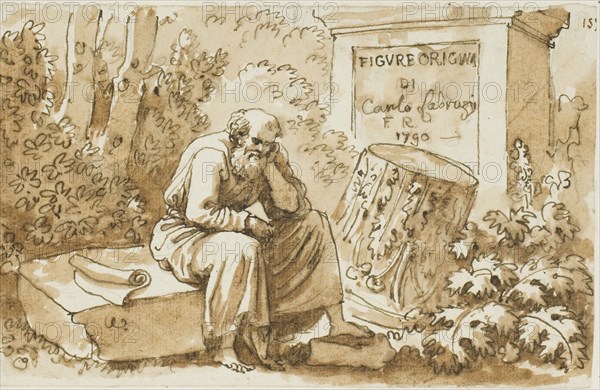 Sketch for Frontispiece to Figure Originali, c. 1790, Carlo Labruzzi, Italian, 1748-1818, Italy, Pen and brown ink, with brush and brown wash, over graphite, on ivory laid paper, laid down on ivory laid paper, 116 x 183 mm