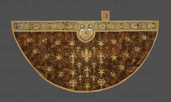 Cope, 1490/1517, with later restoration, England, Silk cut and voided velvet, linen appliqué, silk and gilt metallic thread embroidery, and metal spangles, 160.7 × 291.2 cm (64 1/4 × 114 5/8 in.)