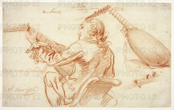 Sketches of a Lute Player and Lute, 1756, Jan Anton Garemyn, Flemish, 1712-1799, Flanders, Red chalk on ivory laid paper, 226 × 366 mm