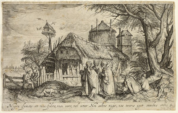 Landscape with Gypsy Women Near a Farm Building, c. 1610, Andries Stock (Dutch, c. 1580-after 1648), after Jacques de Gheyn II (Dutch, 1565-1629), Netherlands, Engraving and etching on ivory paper, 99 x 173 mm