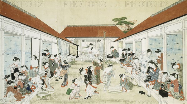 Women’s Bathhouse and Laundry, early 19th century, Kitao Shigemasa, Japanese, 1739-1820, Japan, Ink and colors on paper, 104.6 x  188.7 cm (41 3/16 x 74 5/16 in.)
