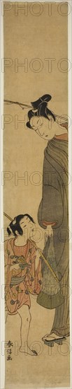 Young Man and Boy Returning from Fishing, c. 1767/68, Suzuki Harunobu ?? ??, Japanese, 1725 (?)-1770, Japan, Color woodblock print, hashira-e