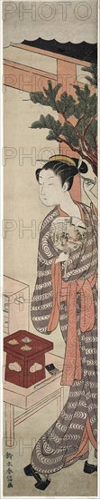 The Tea Stall, Kagiya Osen, c. 1769, Suzuki Harunobu ?? ??, Japanese, 1725 (?)-1770, Japan, Color woodblock print, hashira-e, 63.4 x 12.2 cm