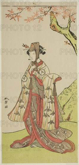 The Actor Iwai Hanshiro IV as Princess Sakura (Sakura Hime) in the Play Wada Sakamori Eiga Kagami, Performed at the Nakamura Theater in the Third Month, 1773, c. 1773, Katsukawa Shunsho ?? ??, Japanese, 1726-1792, Japan, Color woodblock print, hosoban, right sheet of diptych (?), 31.3 x 15 cm (12 5/16 x 5 7/8 in.)