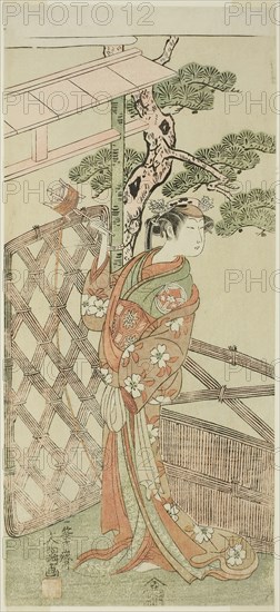 The Actor Yamashita Kinsaku II as Moshio, Wife of Ito Sukekiyo, in the Play Izu-goyomi Shibai no Ganjitsu, Performed at the Morita Theater in the Eleventh Month, 1772, c. 1772, Ippitsusai Buncho, Japanese, active c. 1755-90, Japan, Color woodblock print, hosoban, 30.2 x 13.8 cm (11 7/8 x 5 7/16 in.)
