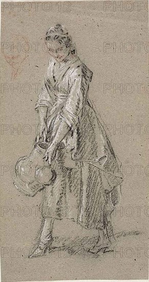 Study of a Young Woman with a Watering Jug, n.d., Nicolas Lancret, French, 1690-1743, France, Black chalk, with touches of red chalk, heightened with white chalk, on brownish-gray laid paper, 260 × 138 mm