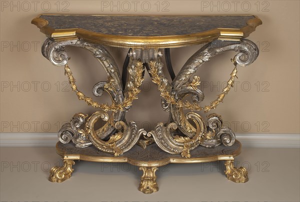 Console Table, c. 1740, Italy, Rome, Rome, Gilded bronze, lapis lazuli, chased and silvered copper, unidentified soft wood, 94 × 141 × 64.1 cm (37 × 55 1/2 × 25 1/4 in.)