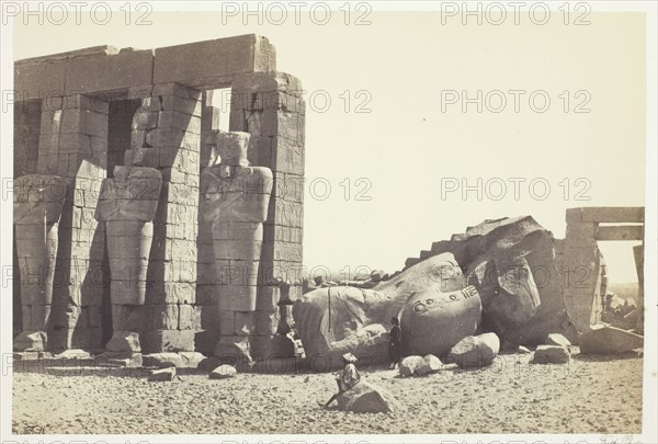 Osiride Pillars and Great Fallen Colossus, c. 1857, printed 1862, Francis Frith, English, 1822–1898, England, Albumen print, from the album "Egypt, Palestine and Nubia" (1862), 14.3 × 22.7 cm (image), 31.6 × 43.4 cm (paper)