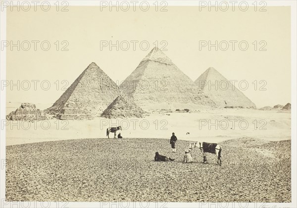 The Pyramids of El Geezeh, from the Southwest, 1857, Francis Frith, English, 1822–1898, England, Albumen print, 15.7 × 22.8 cm (image/paper), 31.8 × 43.4 cm (mount)