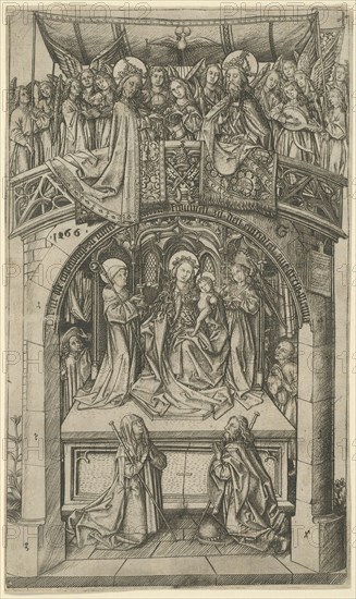 The Large Einsiedeln Madonna, 1466, Master E. S., German, active c. 1450-1467, Germany, Engraving in black on ivory laid paper, 206 x 122 mm (plate), 209 x 125 mm (sheet)