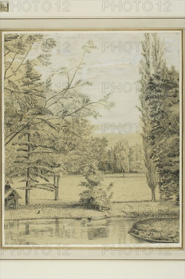 River and Park Landscape, 1885/90, Henri Rousseau, style of, French, 1844-1910, France, Pen and black inks and lead white gouache, with graphite on tan wove paper, perimeter mounted on cream card, 300 × 250 mm