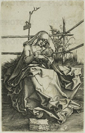 Madonna on a Grassy Bank, 1566, After Albrecht Dürer (German, 1471-1528), Germany, Engraving on ivory laid paper, 113 x 72 mm (image/plate/sheet)