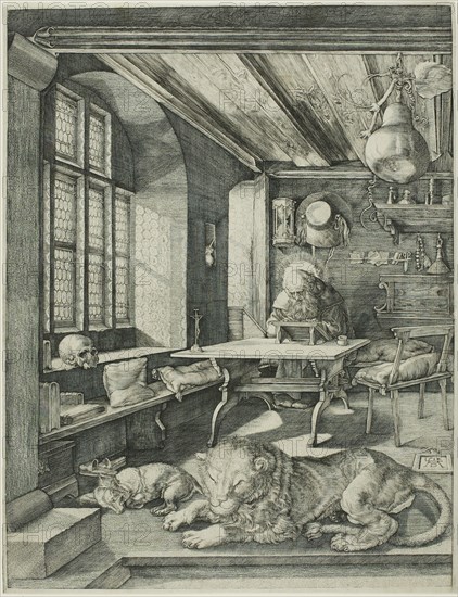 Saint Jerome in His Study, c. 1566, Jerome Wierix (Flemish, 1553-1619), after Albrecht Dürer (German, 1471-1528), Flanders, Engraving in black on ivory laid paper, 239 × 184 mm (image/plate), 243 × 188 mm (sheet)