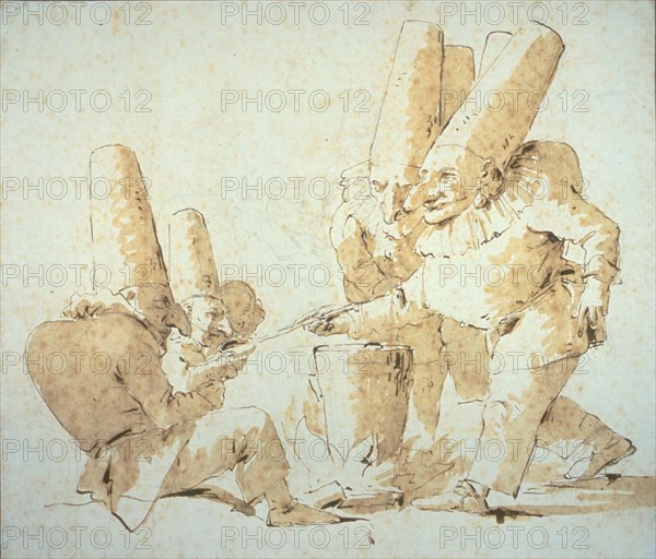 Punchinellos Cooking and Tasting Gnocchi (Punchinellos’ Repast), 1740/52, Giambattista Tiepolo, Italian, 1696-1770, Italy, Pen and brown ink, and brush and brown wash, over a graphite underdrawing, on cream laid paper, 197 x 231 mm