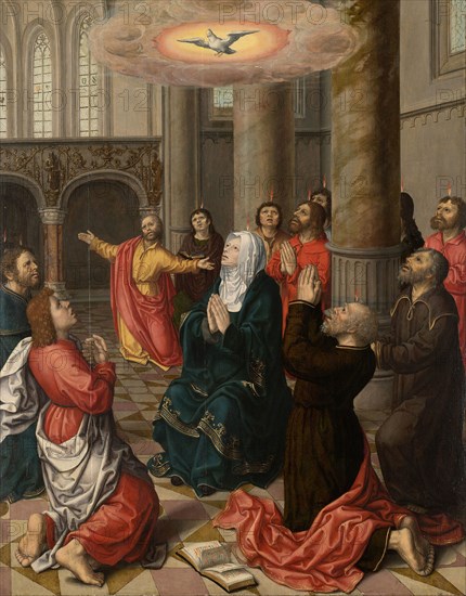 Pentecost, 1520/25, Bernard van Orley, workshop of, Netherlandish, c. 1488–1541, Flanders, Oil on panel, 119 × 93.5 cm (46 7/8 × 36 3/4 in.), painted surface 117 × 92 cm (46 1/8 × 36 1/4 in.)