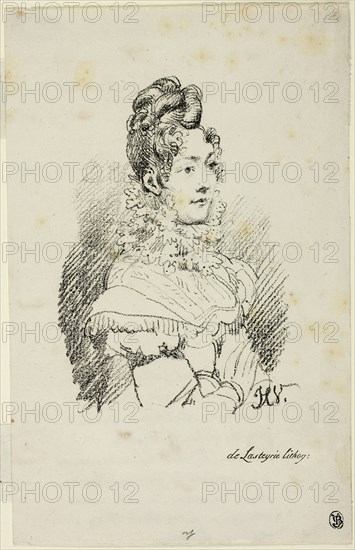 Portrait of Madame Perregaux, 1816, Horace Vernet (French, 1789-1863), printed by Comte Charles Philibert de Lasteyrie (French, 1759-1849), France, Lithograph in black on cream wove paper, 160 × 114 mm (image, to edge of signature), 253 × 162 mm (sheet)