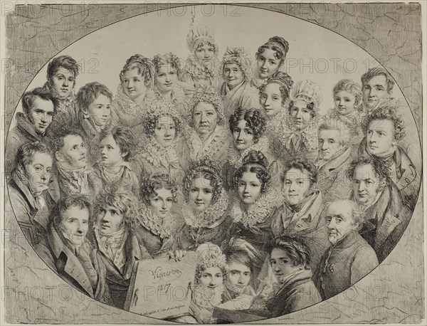 Thirty-one Portraits in an Oval, 1817, Pierre Roch Vigneron (French, 1789-1872), printed by Comte de Charles Philibert Lasteyrie du Saillant (French, 1759-1849), France, Lithograph in black on ivory laid paper, 410 × 536 mm (image), 410 × 536 mm (sheet)