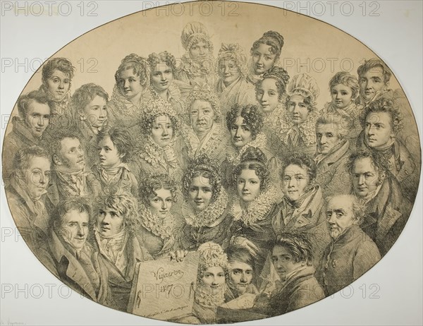 Portraits of 31 people in an Oval, 1817, Pierre Roch Vigneron (French, 1789-1872), printed by Comte de Charles Philibert Lasteyrie du Saillant (French, 1759-1849), France, Lithograph in black on tan laid paper, 405 × 524 mm (image), 405 × 524 mm (sheet)