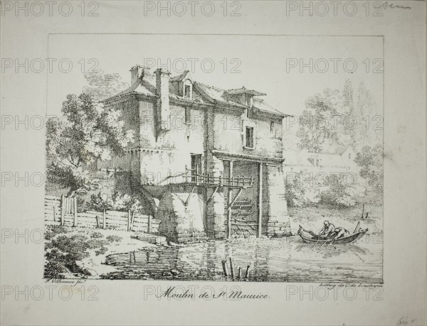 Mill at St. Maurice, 1824/27, Louis Jules Frederic Villeneuve (French, 1796-1842), printed by Comte de Charles Philibert Lasteyrie du Saillant (French, 1759-1849), France, Lithograph in black on ivory laid paper, 136 × 186 mm (image), 182 × 234 mm (sheet)