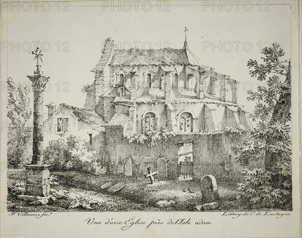 View of a Church Near l’Isle-Adam, 1819, Louis Jules Frederic Villeneuve (French, 1796-1842), printed by Comte de Charles Philibert Lasteyrie du Saillant (French, 1759-1849), France, Lithograph in black on ivory laid paper, tipped onto cream laid paper, 133 × 182 mm (image), 153 × 190 mm (primary support), 243 × 314 mm (secondary support)