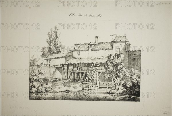 Mill at Gravelle, I, 1824/27, Louis Jules Frederic Villeneuve (French, 1796-1842), printed by Comte de Charles Philibert Lasteyrie du Saillant (French, 1759-1849), France, Lithograph in black on ivory laid paper, 135 × 185 mm (image), 193 × 285 mm (sheet)