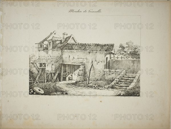 Mill at Gravelle, II, 1824/27, Louis Jules Frederic Villeneuve (French, 1796-1842), printed by Comte de Charles Philibert Lasteyrie du Saillant (French, 1759-1849), France, Lithograph in black on ivory laid paper, 135 × 185 mm (image), 217 × 284 mm (sheet)