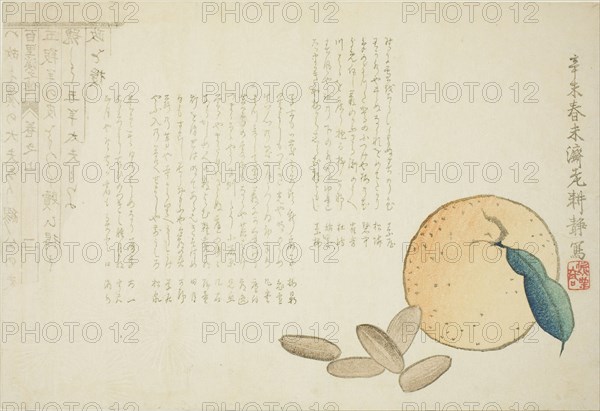Tangerine and Chinese Legend, spring 1871, Kosei, Japanese, active late 19th century, Japan, Color woodblock print, surimono, 27.2 x 18.5 cm