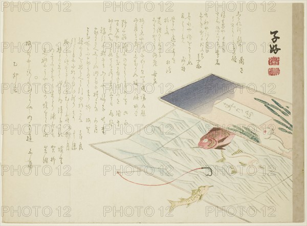Rabbit and Fish, spring 1855, Shiko, Japanese, active 19th century, Japan, Color woodblock print, surimono, 25.5 x 18.6 cm