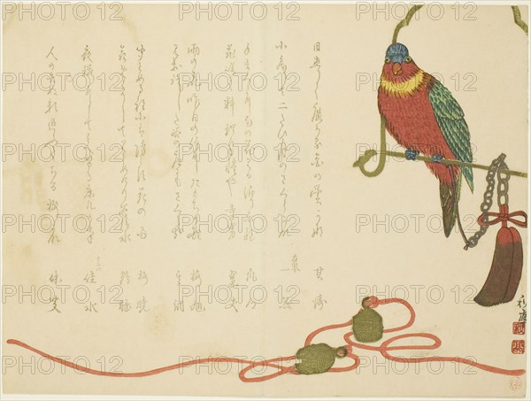 Parrot and Bells, n.d., Tanaka Shutei, Japanese, 1810-1858, Japan, Color woodblock print, surimono, 24.6 x 18.4 cm