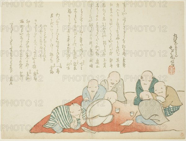 Meeting of a Poetry Club, c. 1860, Fujii Teisa, Japanese, 1802-1869, Japan, Color woodblock print, surimono, 24.1 x 18.3 cm