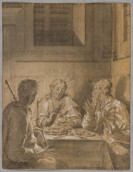 Supper at Emmaus, 1590/95, Pieter de Witte, Flemish, 1548-1628, Italy, Pen and brown ink and brush and black ink wash, with yellow ocher and opaque white watercolors, on tan laid paper, incised with graphite for transfer, 234 x 182 mm