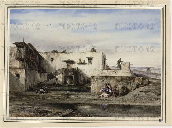 Greek Village, 1828/30, Alexandre Gabriel Decamps, French, 1803-1860, France, Watercolor, with touches of gouache, on cream wove paper, tipped onto cream wove paper, 225 × 315 mm